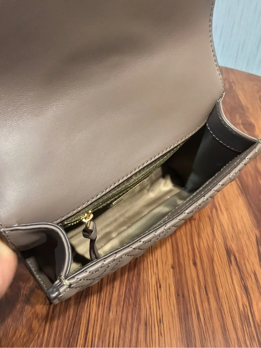 Tory Burch Quilted Taupe Crossbody with Gold Chain